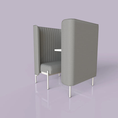 Modern gray upholstered booth seating with high backs and a small white table, set against a light purple background.