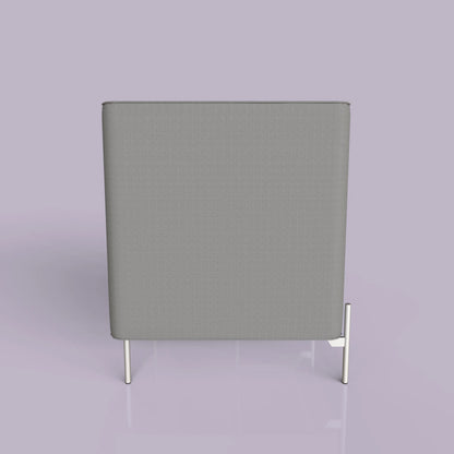 Gray modern chair back view with metal legs on light purple background.