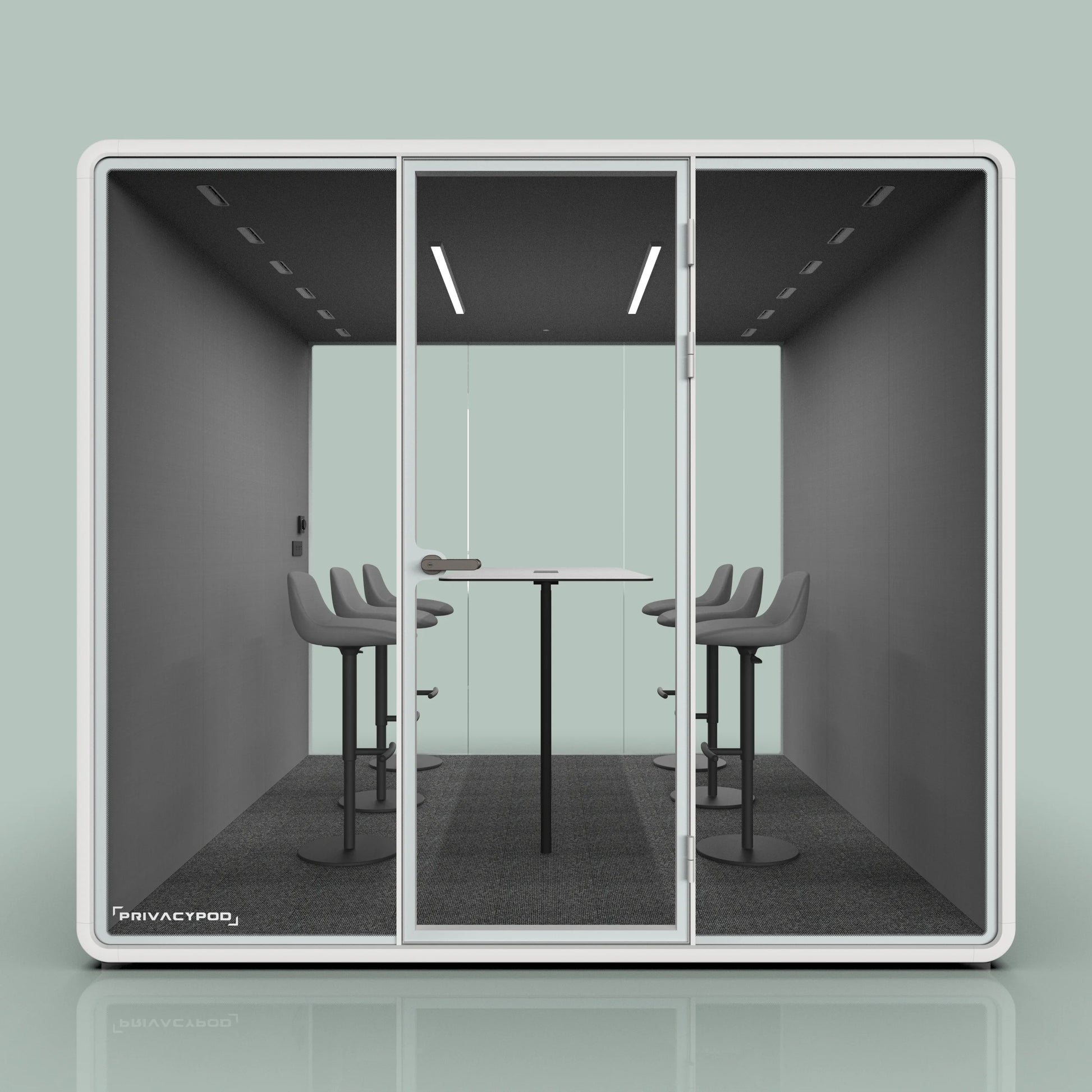 6-Person Soundproof Meeting Pod for Team Meetings | PrivacyPod Driftwood Oak / Lime 6-Person Soundproof Meeting Pod for Team Meetings | PrivacyPod Driftwood Oak / Lime
