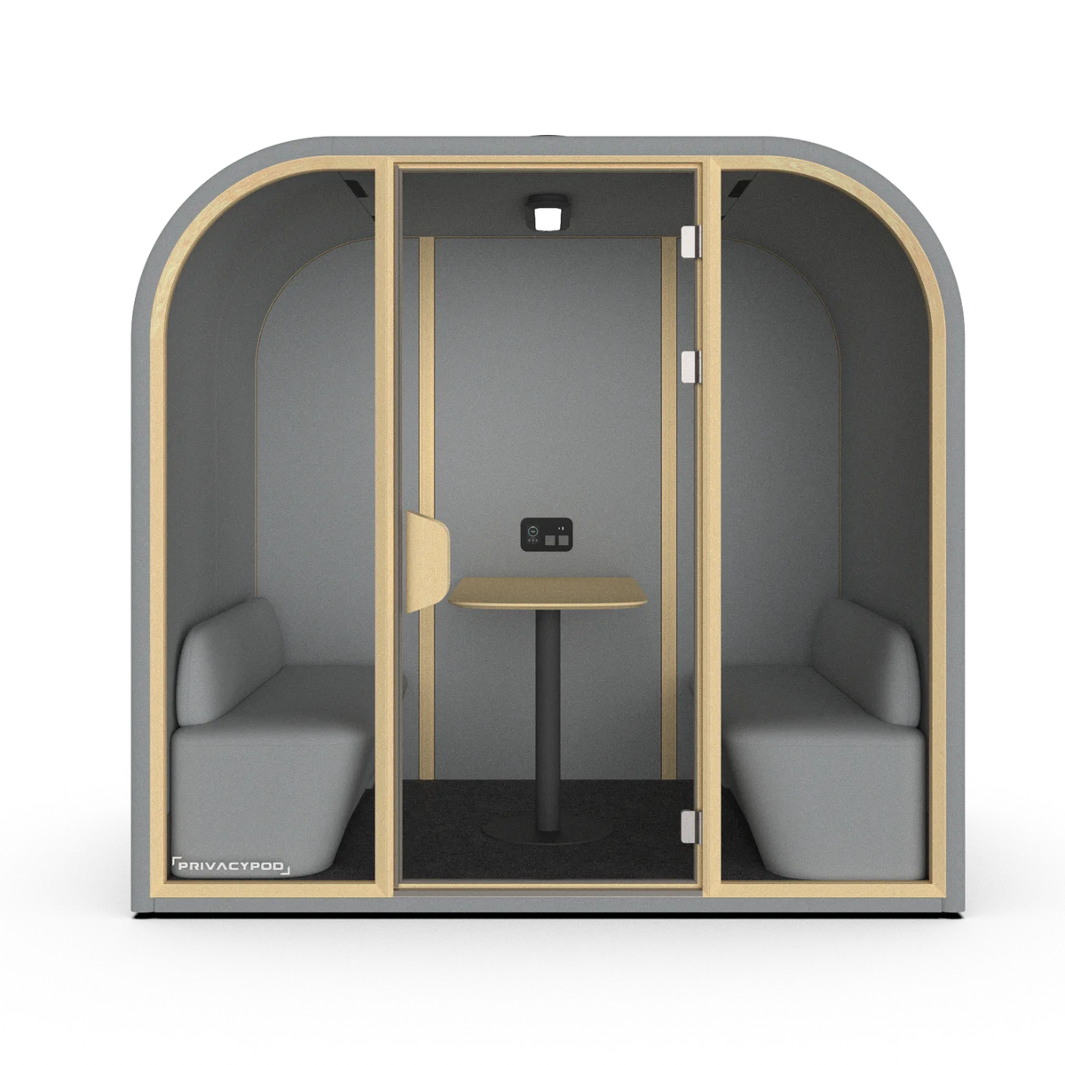 PrivacyPod Arc L Pod with two benches, mounted meeting table, and full solid back wall