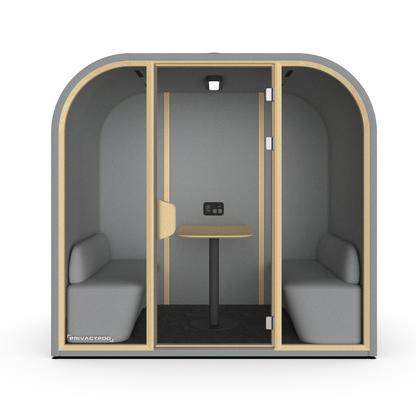 PrivacyPod Arc L Pod with two benches, mounted meeting table, and full solid back wall