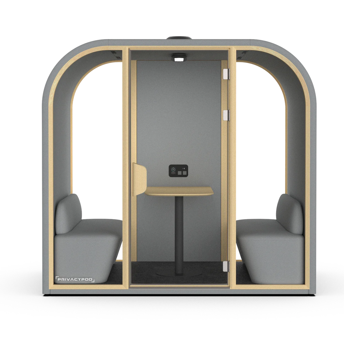 PrivacyPod Arc L Pod with two benches, mounted meeting table, and partial solid back wall