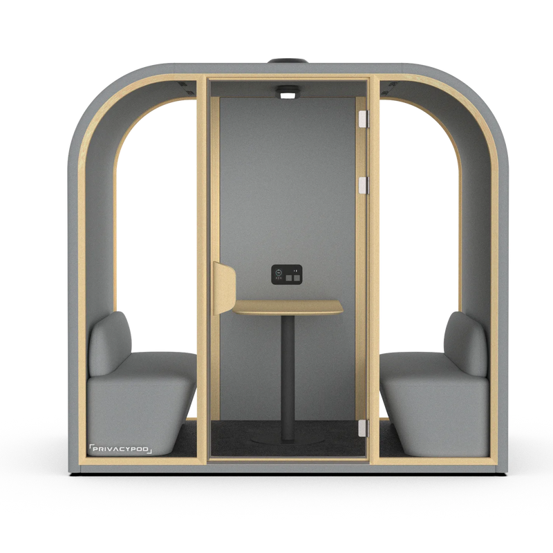 PrivacyPod Arc L Pod with two benches, mounted meeting table, and partial solid back wall