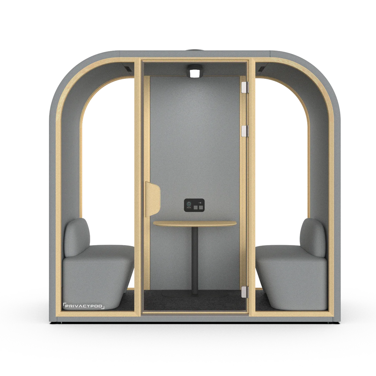 PrivacyPod Arc SL Pod with two benches, perch table, and partial solid back wall