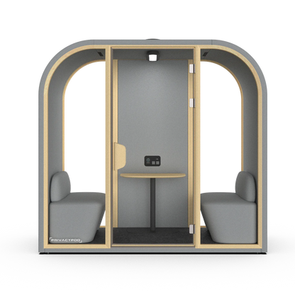 PrivacyPod Arc SL Pod with two benches, perch table, and partial solid back wall