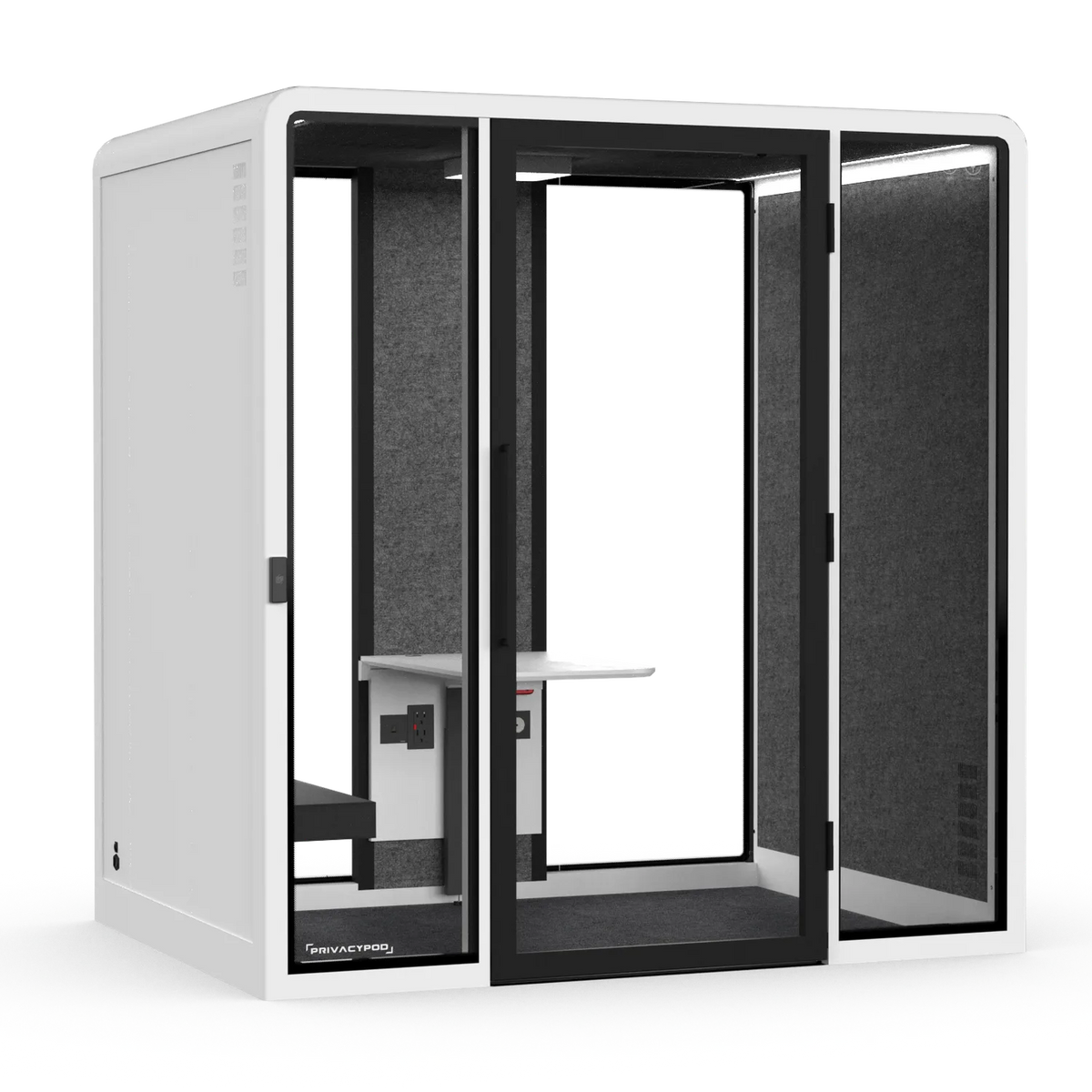 L ADA Pod, White exterior, Graphite Felt interior, Foldable Table & Chair