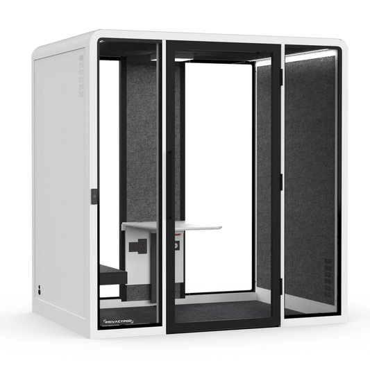 L ADA Pod, White exterior, Graphite Felt interior, Foldable Table & Chair
