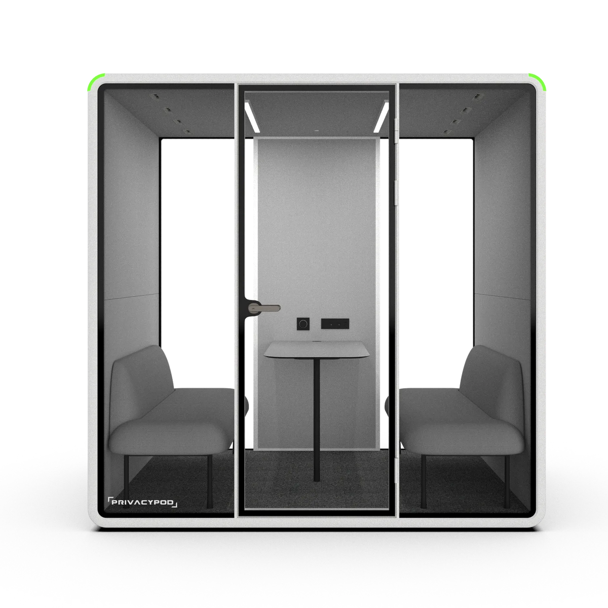 PrivacyPod L Pod with two benches, mounted meeting table, and partial solid back wall