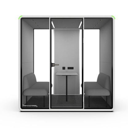 PrivacyPod L Pod with two benches, mounted meeting table, and partial solid back wall