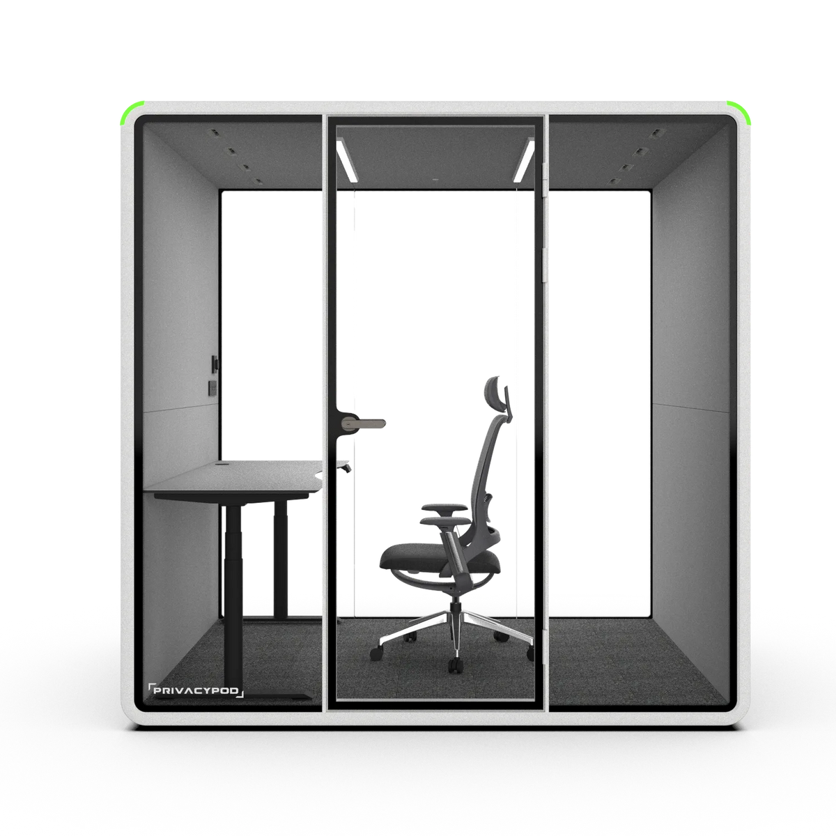 PrivacyPod L Pod with height-adjustable table and office chair