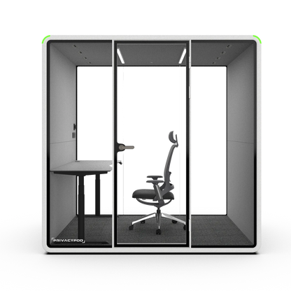 PrivacyPod L Pod with height-adjustable table and office chair