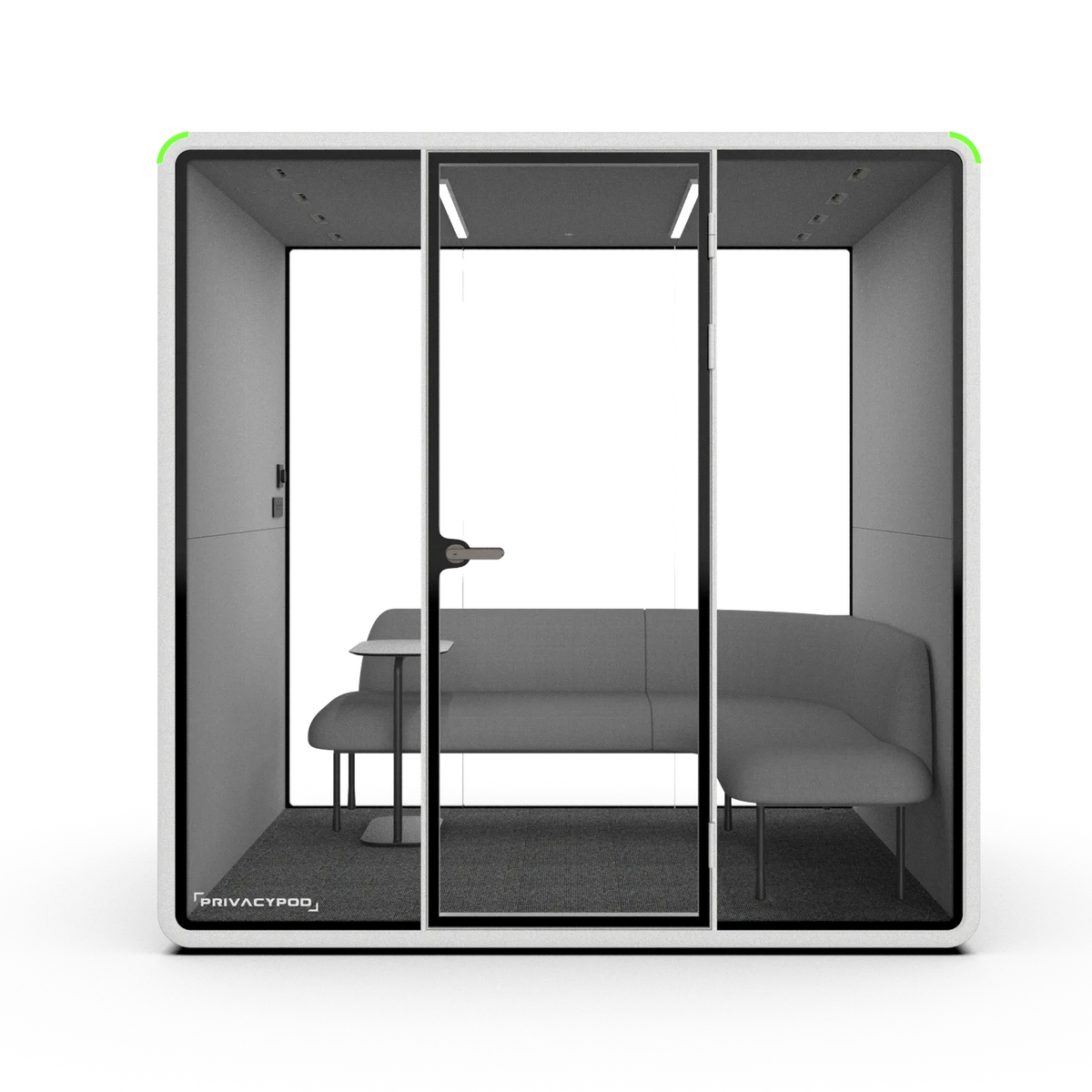 PrivacyPod L Pod with L-shaped couch and side table