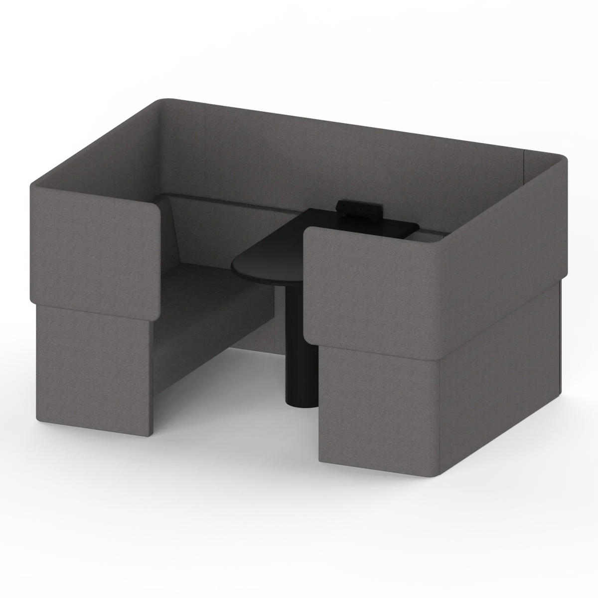 Quad Meeting Nook in gray fabric, three-quarter view, showing the open front, bench seats and power module on the table