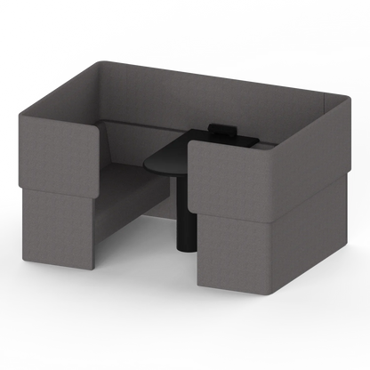 Quad Meeting Nook in gray fabric, three-quarter view, showing the open front, bench seats and power module on the table