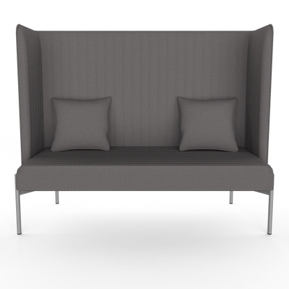 Duo High-Back Sofa, front view: tall channeled back and side panels, two loose cushions, slim white metal legs (Gabriel Medley 60167)