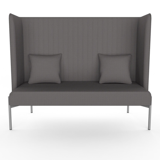 Duo High-Back Sofa, front view: tall channeled back and side panels, two loose cushions, slim white metal legs (Gabriel Medley 60167)