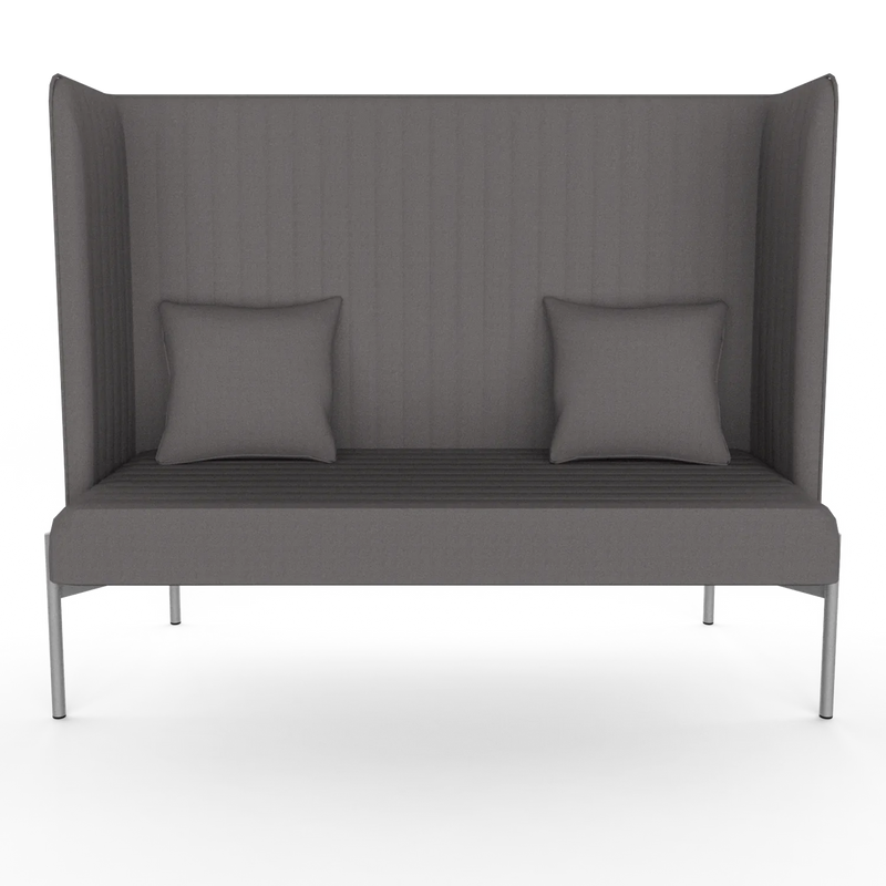 Duo High-Back Sofa, front view: tall channeled back and side panels, two loose cushions, slim white metal legs (Gabriel Medley 60167)