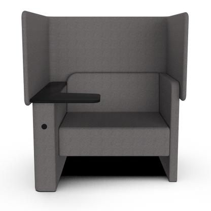 Solo Wing Chair, front view: solid wing panels on both sides, a swing-in tablet arm and an outlet in the side panel (Gabriel Medley 60167)