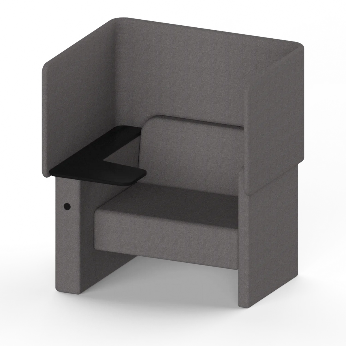 Solo Wing Chair, three-quarter view: upholstered wings and high back on a plinth base, tablet arm swung over the seat