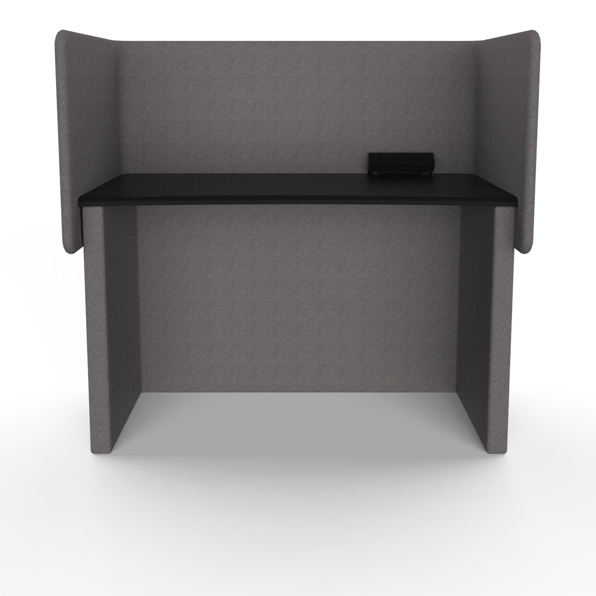 Solo Study Carrel, front view: tall upholstered back panel, two side wings and a worktop with a power module (Gabriel Medley 60167)