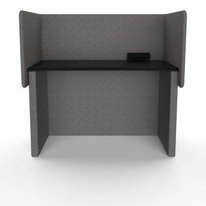 Solo Study Carrel, front view: tall upholstered back panel, two side wings and a worktop with a power module (Gabriel Medley 60167)