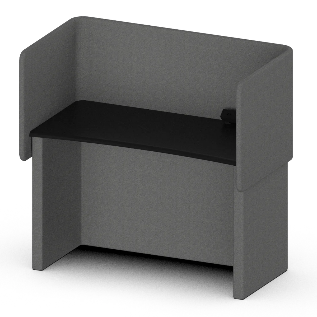 Solo Study Carrel, three-quarter view: upholstered back and wings around an open-fronted worktop