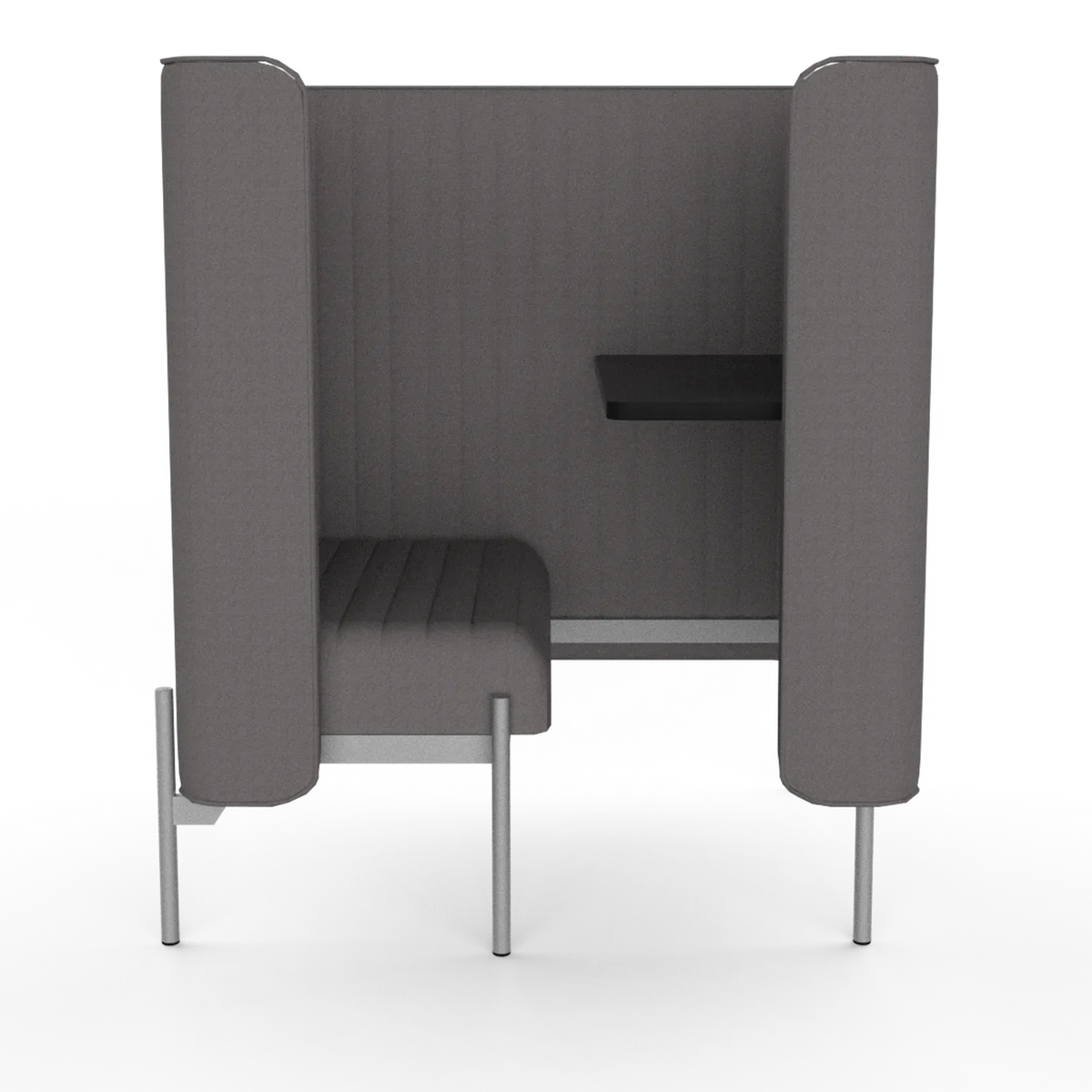 Solo Work Nook, front view: one seat wrapped by tall channel-quilted panels, laptop shelf on the right, four slim white legs (Gabriel Medley 60167)