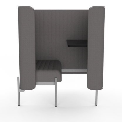 Solo Work Nook, front view: one seat wrapped by tall channel-quilted panels, laptop shelf on the right, four slim white legs (Gabriel Medley 60167)