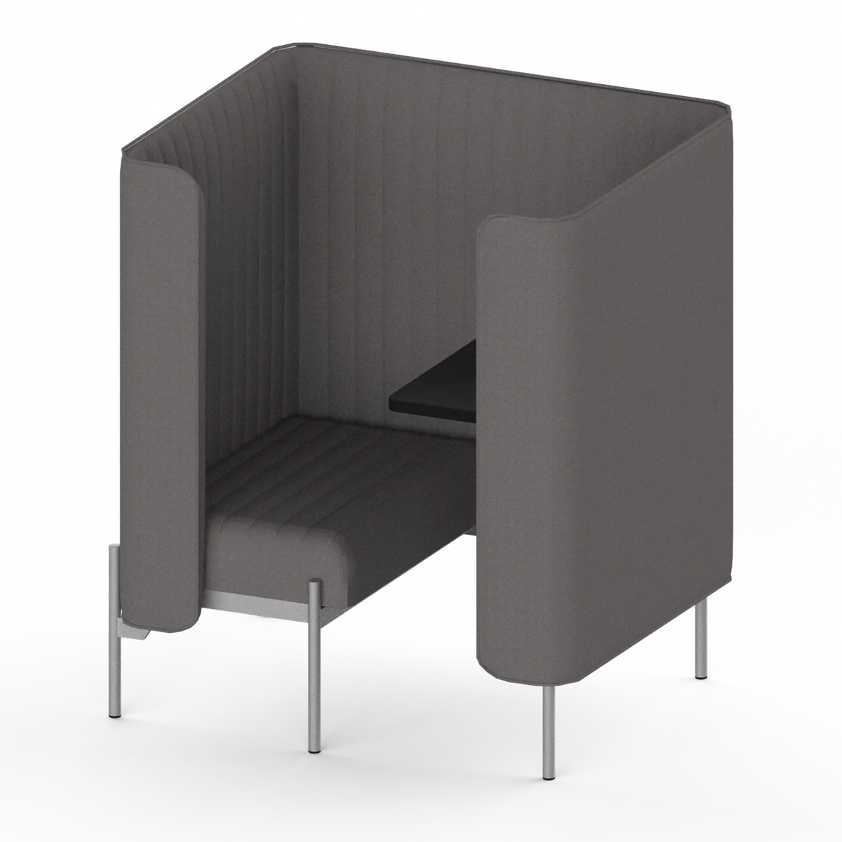 Solo Work Nook three-quarter view: back panel and both wings wrap the seat, fixed laptop shelf beside it, white metal legs