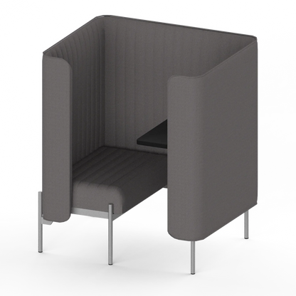 Solo Work Nook three-quarter view: back panel and both wings wrap the seat, fixed laptop shelf beside it, white metal legs