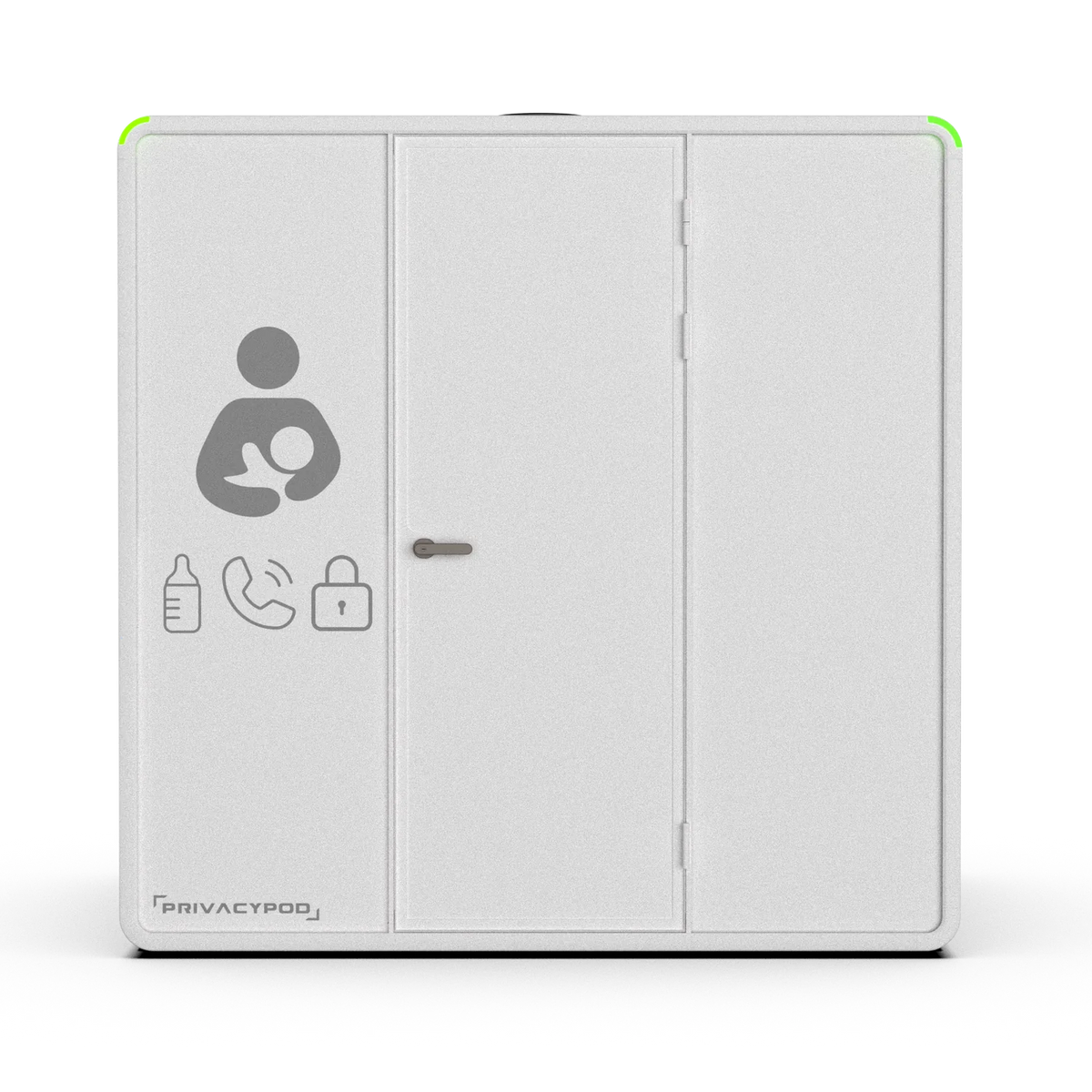 XL Family Lactation Pod, front view: locking door with the nursing, bottle, phone and lock icons