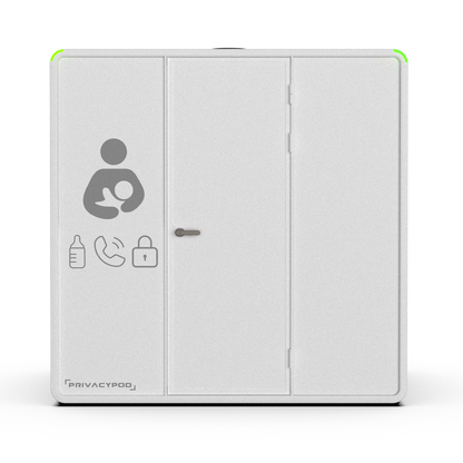 XL Family Lactation Pod, front view: locking door with the nursing, bottle, phone and lock icons