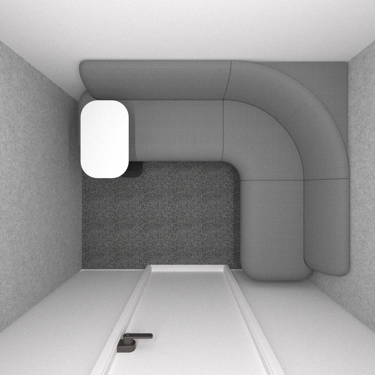 XL Family Lactation Pod interior from above: L-shaped bench, side table and felt-lined walls