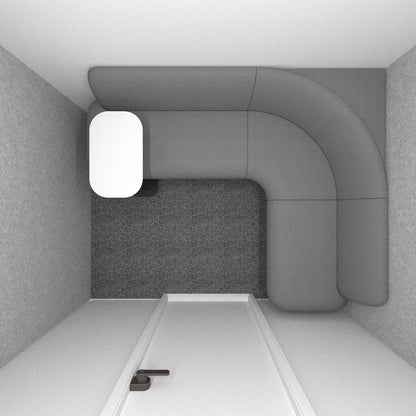 XL Family Lactation Pod interior from above: L-shaped bench, side table and felt-lined walls