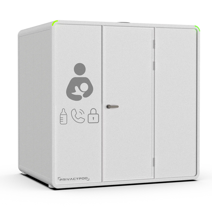 XL Family Lactation Pod, White exterior with Ash interior, front three-quarter view with the nursing-room door graphics and the exterior in-use light