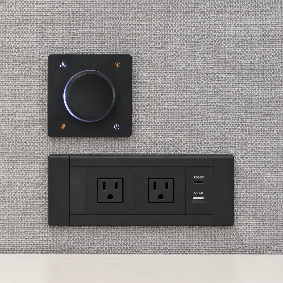 PrivacyPod S Pod control panel with fan, light, and temperature dial beside the built-in power strip with two outlets, USB-C PD 20W and USB-A QC 3.0