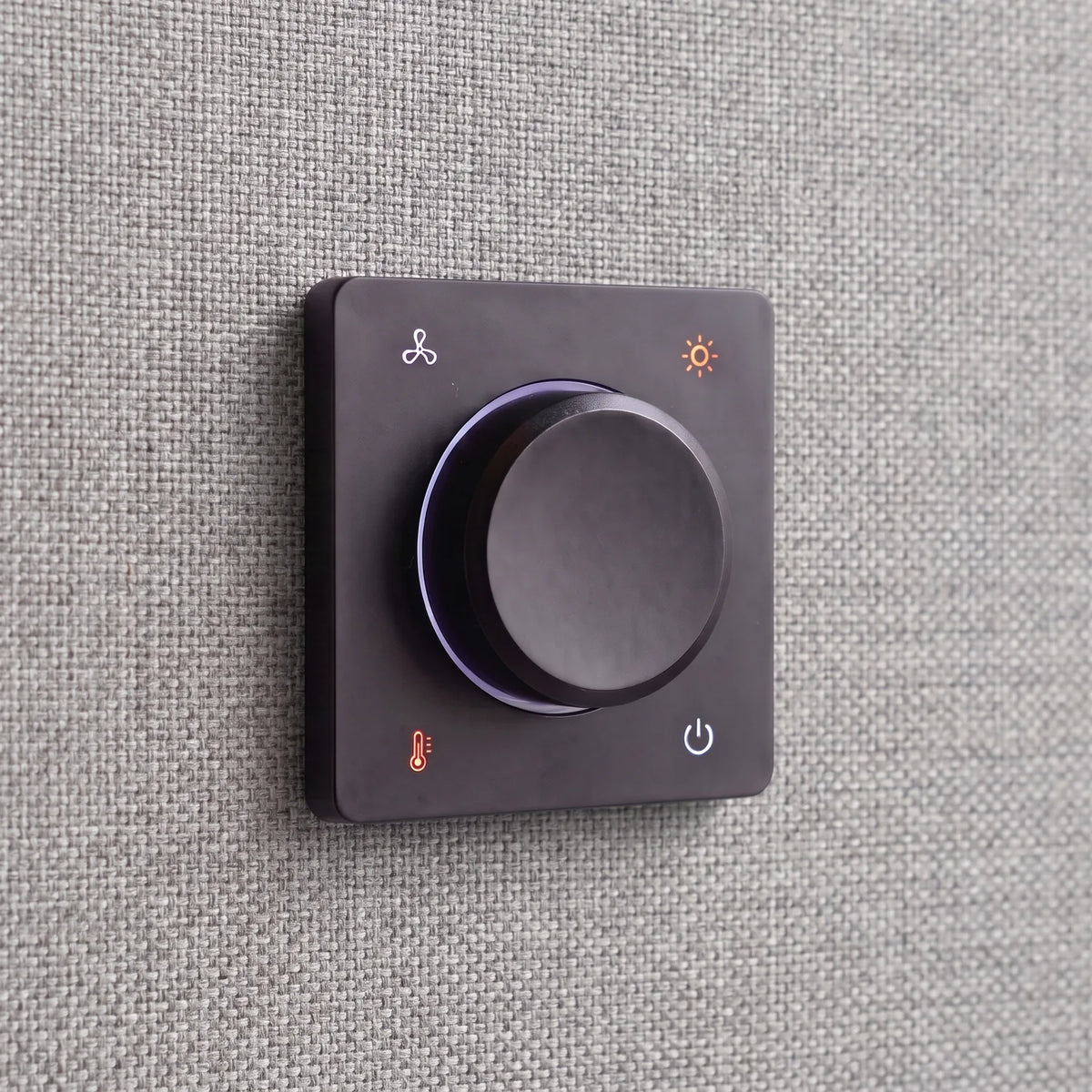 PrivacyPod S Pod control panel close-up: one dial for fan, light, and temperature with a power button