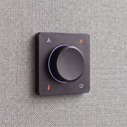 PrivacyPod S Pod control panel close-up: one dial for fan, light, and temperature with a power button
