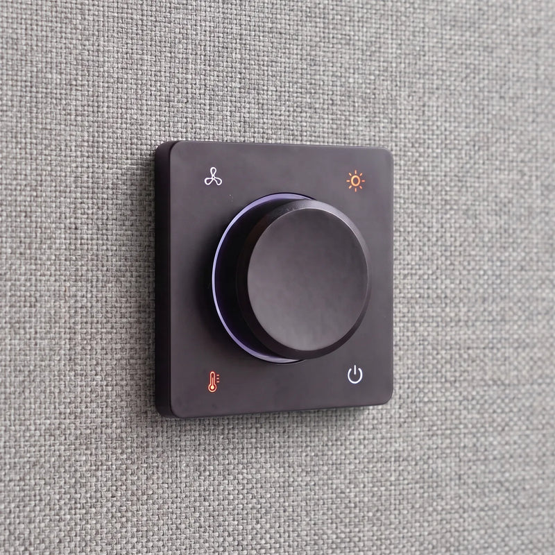 PrivacyPod S Pod control panel close-up: one dial for fan, light, and temperature with a power button