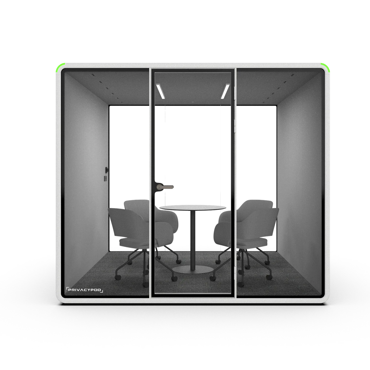 PrivacyPod XL Pod with four swivel chairs and rounded table
