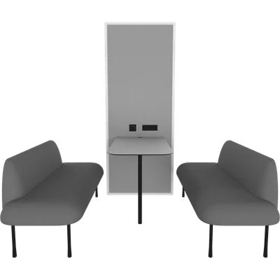 Benches and mounted meeting table on the partial solid back wall