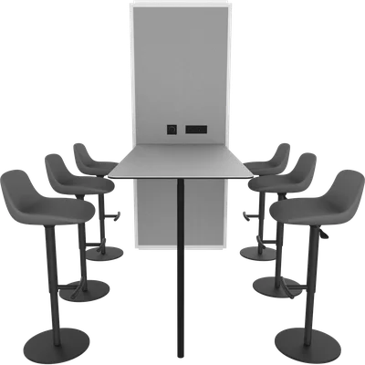 Six stools and the wall-mounted bar table on the partial solid back wall