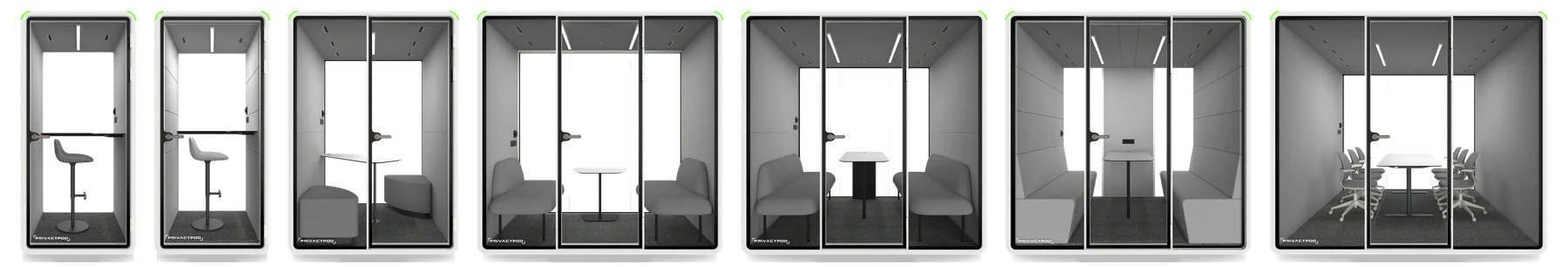 The PrivacyPod Quick-Ship family in white: S, S Plus, M, SL, L, L Plus, and XL pods