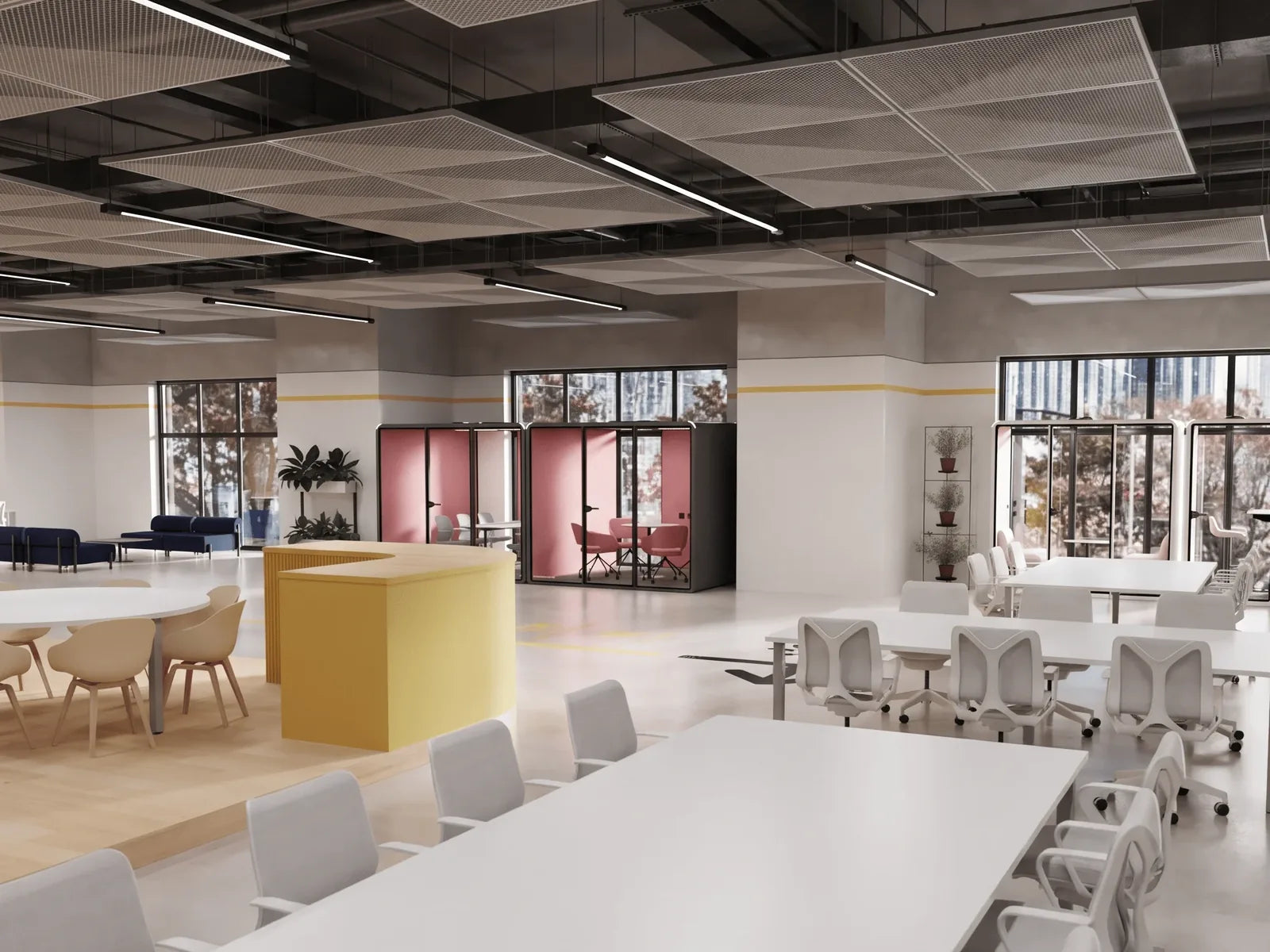 Rendering of PrivacyPod pods on an open coworking floor with team tables and a shared kitchen counter