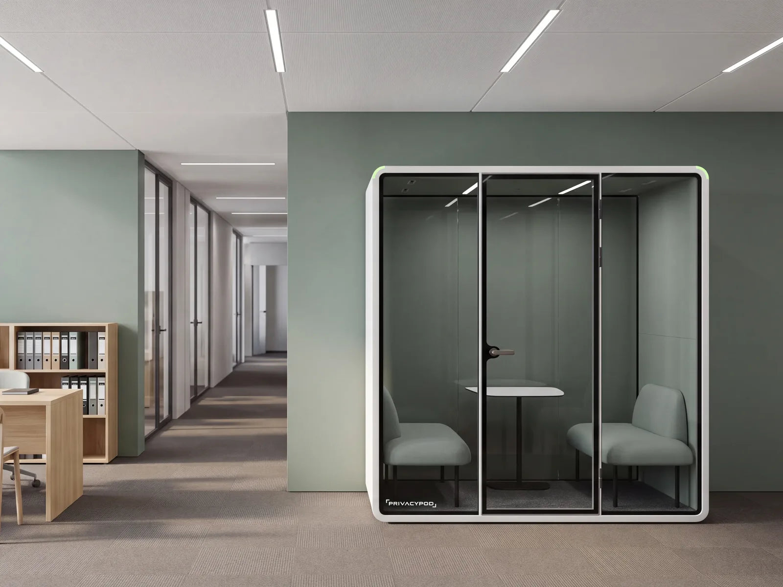 Render of a PrivacyPod SL Pod counseling room beside a campus advising desk