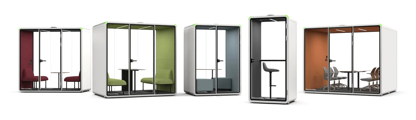 The PrivacyPod family: S, M, SL, L, and XL pods