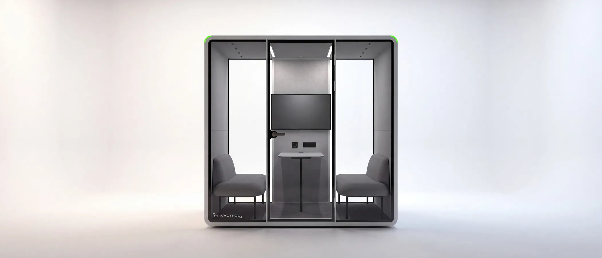 PrivacyPod L Pod meeting pod with a wall-mounted display on the solid back panel