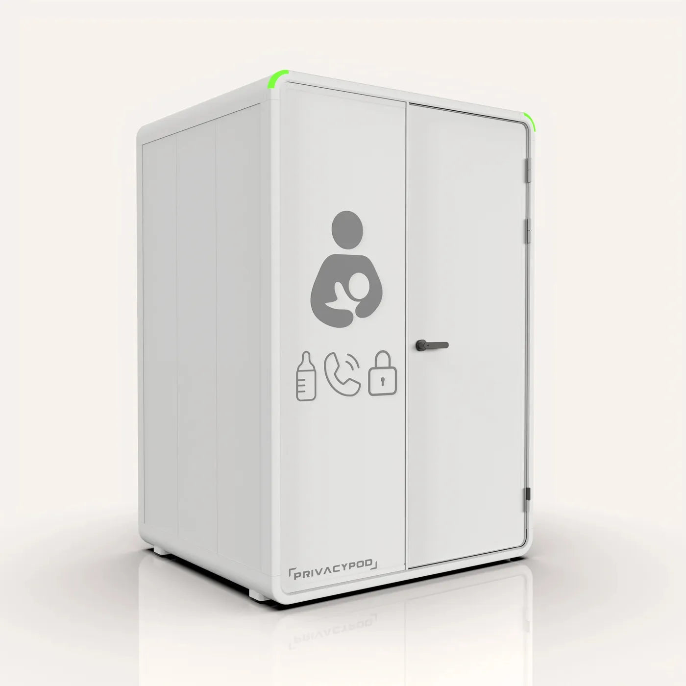 PrivacyPod Solo Lactation Pod with a white vinyl shell and nursing room door icons